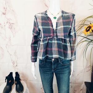 Love Fire Plaid Cropped Peplum Flannel XS Raw Edge Babydoll Boho Casual Top NWT